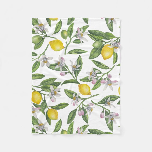 Lemon branches with blossoms and fruit on white fleece blanket (Front)