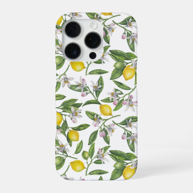 Lemon branches with blossoms and fruit on white iPhone case (Back)