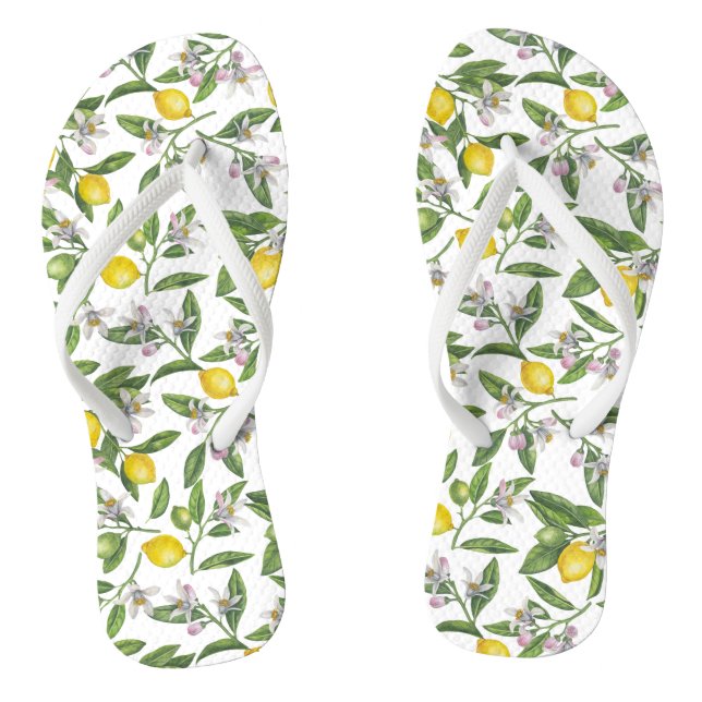 Lemon branches with blossoms and fruit on white jandals (Footbed)