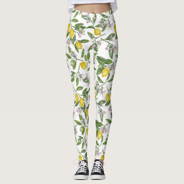 Lemon branches with blossoms and fruit on white leggings (Front)