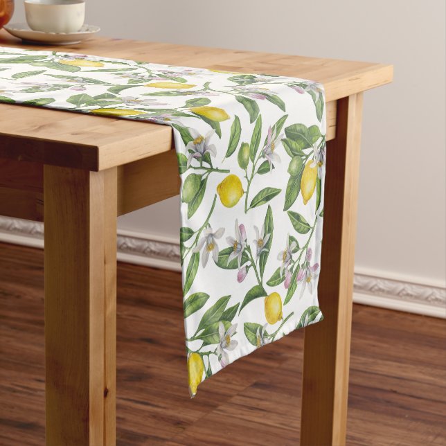Lemon branches with blossoms and fruit on white short table runner (In Situ)