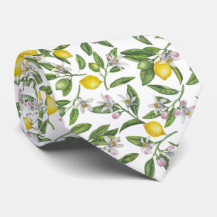 Lemon branches with blossoms and fruit on white tie