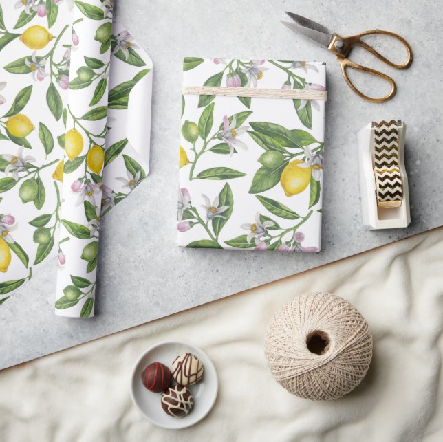 Lemon branches with blossoms and fruit on white wrapping paper (Crafts)