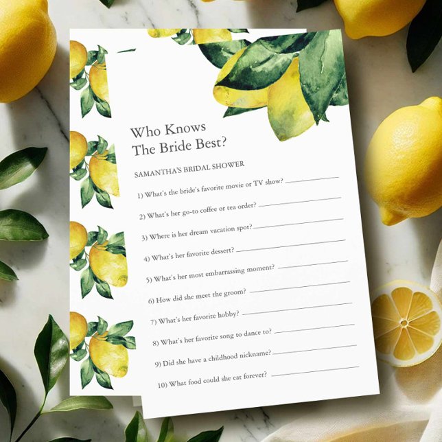 Lemon Bridal Shower Games Do You Know The Bride Flyer (bridal shower games who knows the bride best features a watercolor lemon theme)