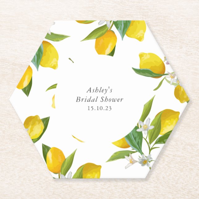 Lemon bridal shower hexagon  paper coaster (Front)