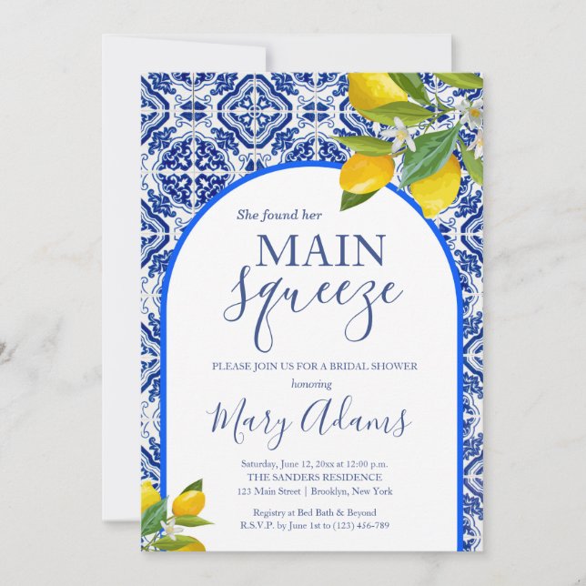 Lemon Bridal Shower Invitation, Blue Tile Italian  Invitation (Front)