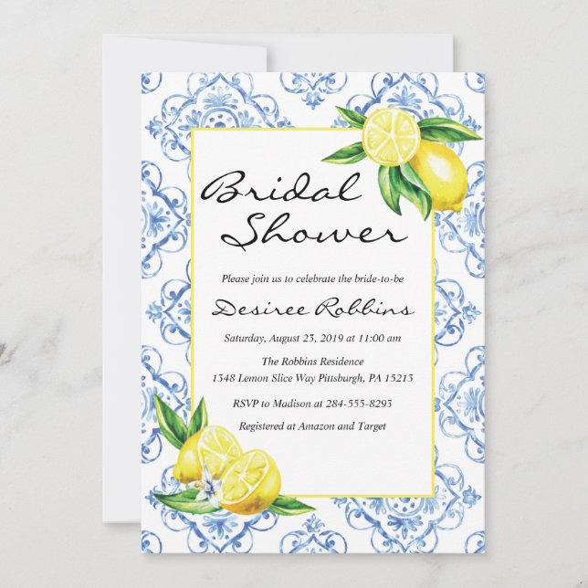 Lemon Bridal Shower Invitation, Blue Tile Italian  Invitation (Front)