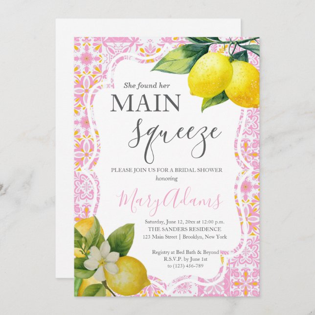 Lemon Bridal Shower Invitation, Pink Tile Italian  Invitation (Front/Back)