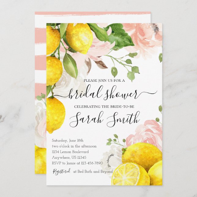 Lemon Bridal Shower Invitation with Pink Flowers (Front/Back)