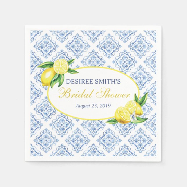 Lemon Bridal Shower Napkins, Blue Tile Napkin (Front)