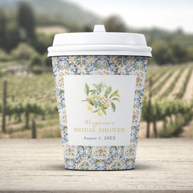 Lemon Bridal Shower Paper Cups (Italian Lemon Blue Bridal Shower Paper Cups by Painted Paperie
)