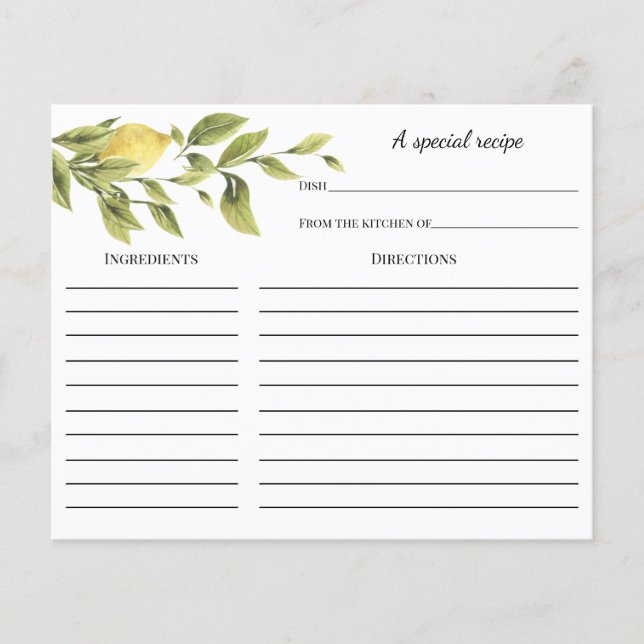 Lemon Bridal Shower Recipe card (Front)