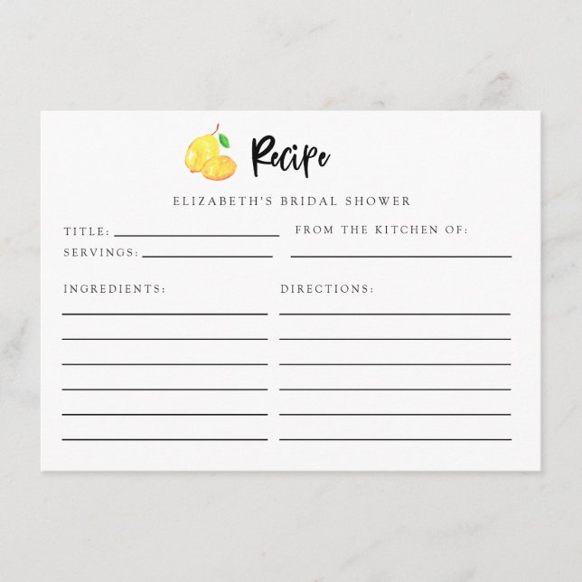 Lemon Bridal Shower Recipe Card Elegant Minimal (Front)