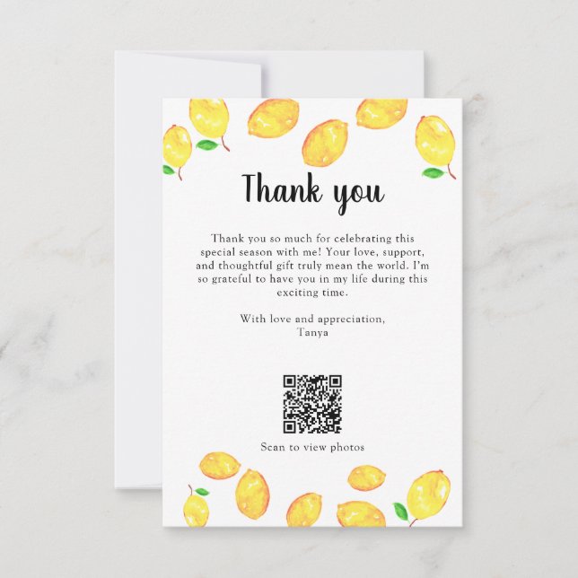 Lemon Bridal Shower Thank you Custom QR Code Card (Front)