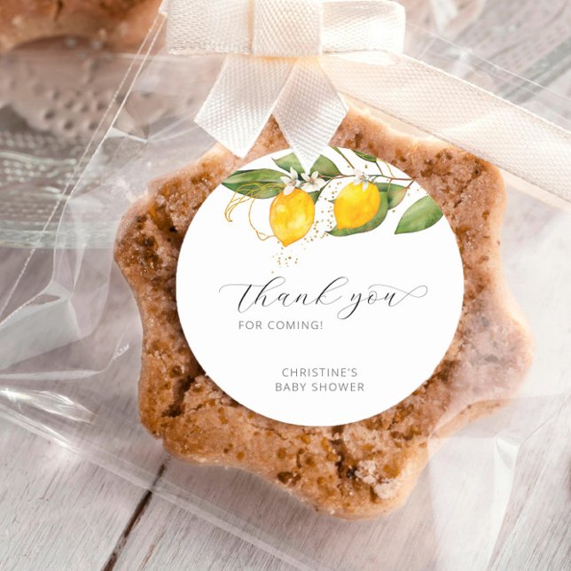 Lemon Bright Citrus Floral Baby Shower Thank You Classic Round Sticker (Creator Uploaded)