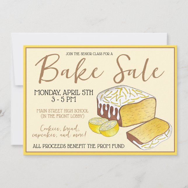 Lemon Cake Bread Loaf Bake Sale Dessert Bakery Invitation (Front)