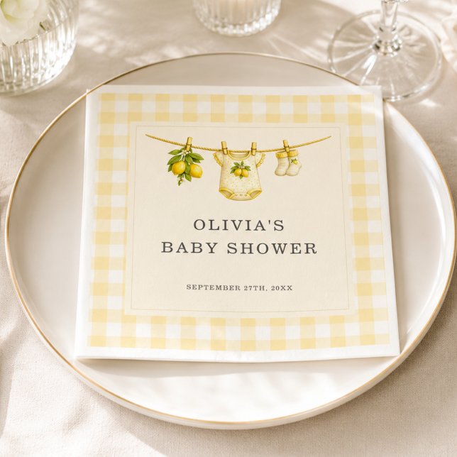 Lemon Can't Wait to Squeeze Gingham Baby Shower Napkin (Creator Uploaded)