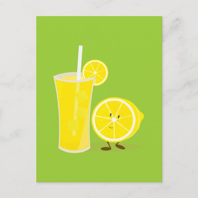 Lemon character standing next to lemonade postcard (Front)