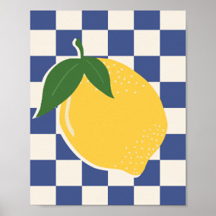 Lemon Chequerboard Retro Fruit Blue Poster