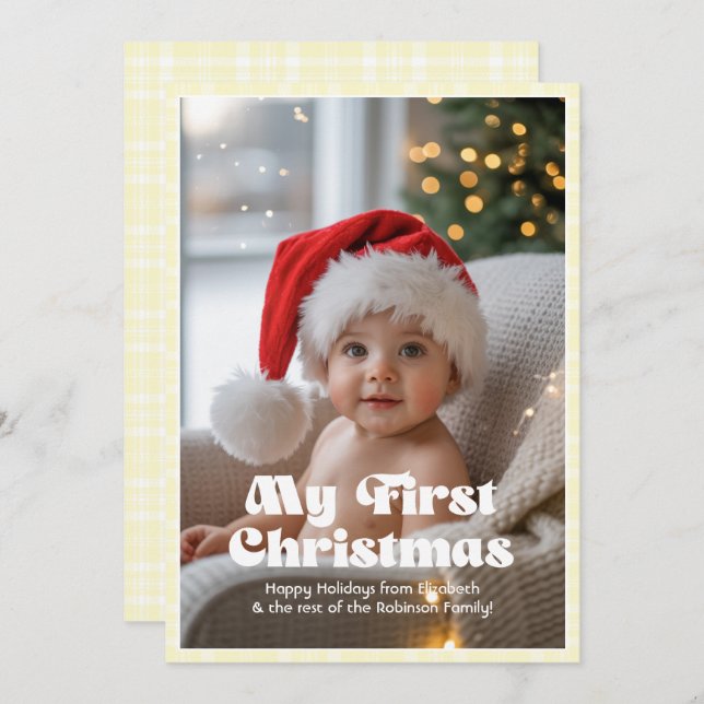 Lemon Chiffon Gingham My First Christmas Baby Holiday Card (Front/Back)