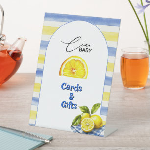 Lemon Ciao Baby Blue Yellow Stripe Cards & Gifts Pedestal Sign