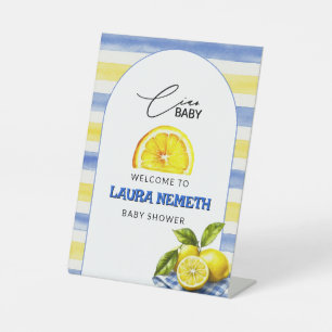 Lemon Ciao Baby Blue Yellow Stripe Welcome Pedestal Sign