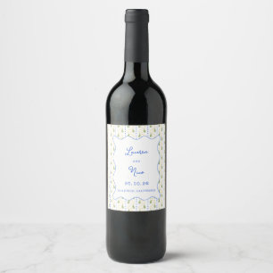 Lemon Citrus Blue and Yellow Mediterranean Wedding Wine Label