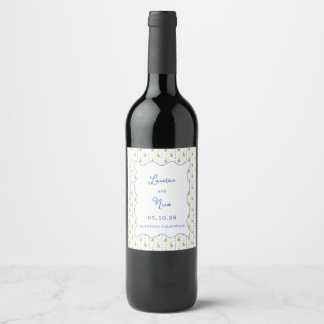 Lemon Citrus Blue and Yellow Mediterranean Wedding Wine Label
