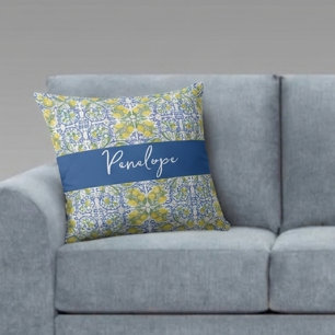 Lemon Citrus Blue Mediterranean Italian Pattern Cushion