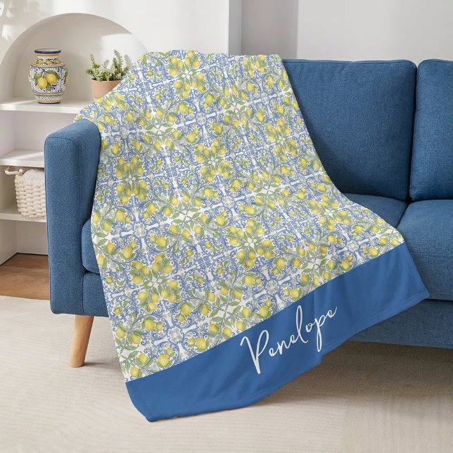 Lemon Citrus Blue Mediterranean Tile Pattern Fleece Blanket (Lemon Citrus Blue Mediterranean Tile Pattern Fleece Blanket)