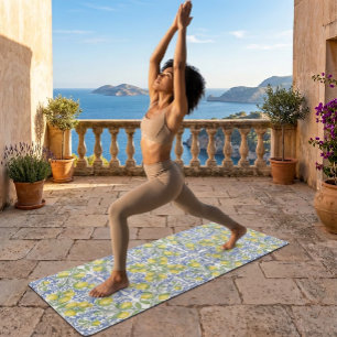 Lemon Citrus Blue Mediterranean Tile Pattern Yoga Mat