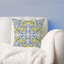 Lemon Citrus Blue Scroll Italian Tile Pattern