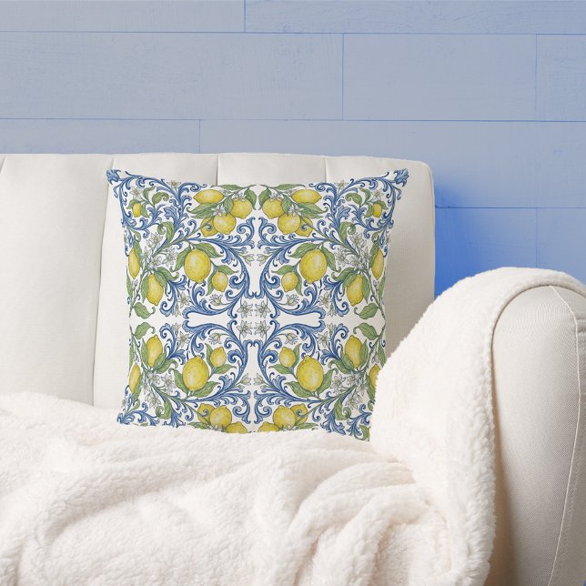 Lemon Citrus Blue Scroll Italian Tile Pattern Cushion (Lemon Citrus Blue Scroll Italian Tile Pattern Throw Pillow)