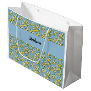 Lemon Citrus Blue Tile Pattern Monogram Name Large Gift Bag