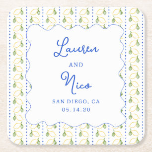 Lemon Citrus Blue & Yellow Amalfi Custom Wedding Square Paper Coaster