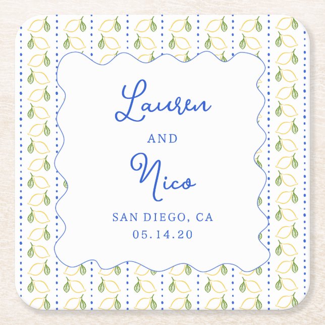 Lemon Citrus Blue & Yellow Amalfi Custom Wedding  Square Paper Coaster (Front)
