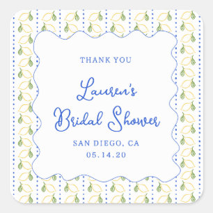 Lemon Citrus Blue & Yellow Bridal Shower Thank You Square Sticker
