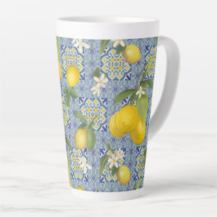 Lemon Citrus Floral Blue n White Vintage Farmhouse Latte Mug
