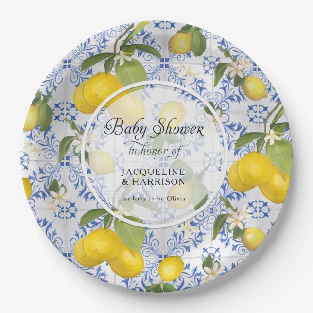 Lemon Citrus Floral Foliage Blue White Baby Shower Paper Plate (Front)