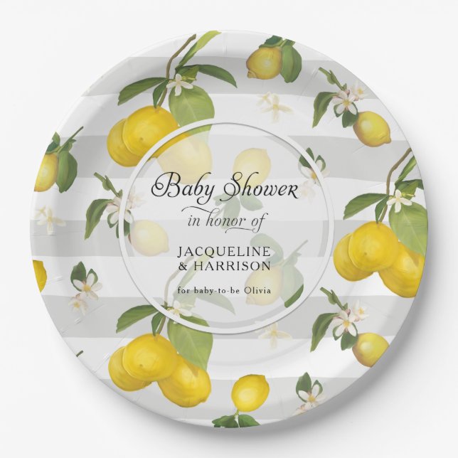 Lemon Citrus Floral Foliage White n Grey Stripe Paper Plate (Front)