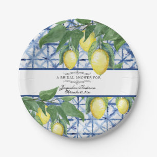 Lemon Citrus Floral Greenery Blue White Bridal Paper Plate