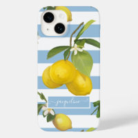 Lemon Citrus Floral  Greenery Blue White Striped