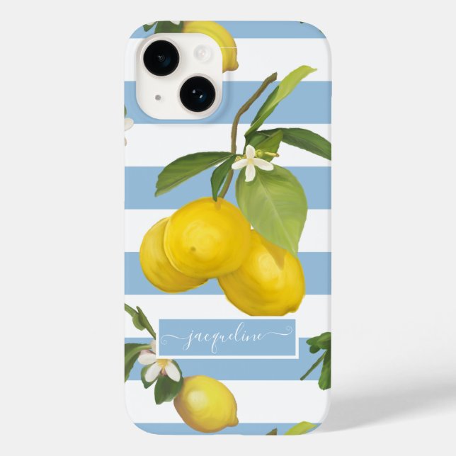 Lemon Citrus Floral  Greenery Blue White Striped Case-Mate iPhone Case (Back)