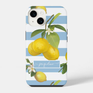 Lemon Citrus Floral Greenery Blue White Striped iPhone 14 Case