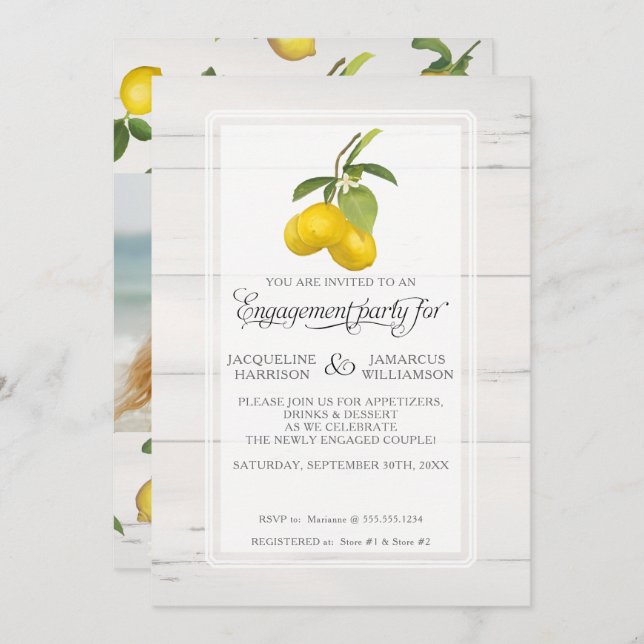 Lemon Citrus Floral Grey Yellow Foliage Engagement Invitation (Front/Back)