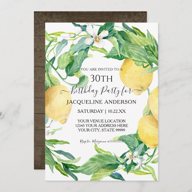 Lemon Citrus Floral Leaf  Watercolor 30th Birthday Invitation (Front/Back)