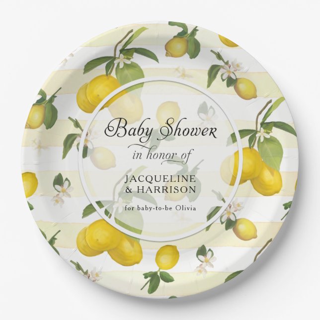 Lemon Citrus Flower Foliage Watercolor Baby Shower Paper Plate (Front)