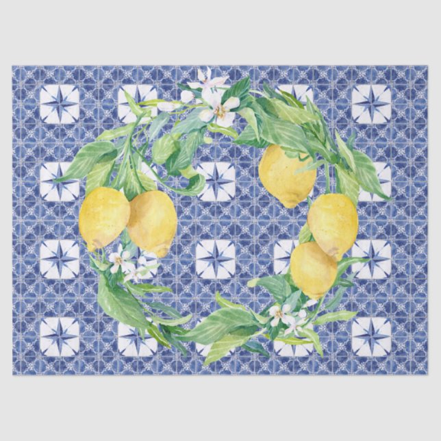 Lemon Citrus Foliage Farmhouse Navy Blue n White Tissue Paper (Front)