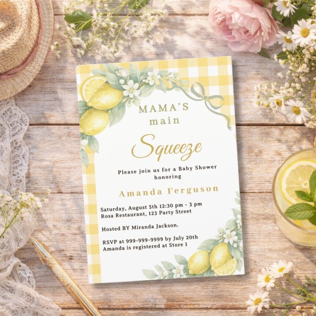 Lemon citrus gingham main squeeze bow Baby Shower Invitation (Creator Uploaded)