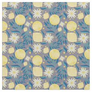 Lemon Citrus Grey Floral  Fabric